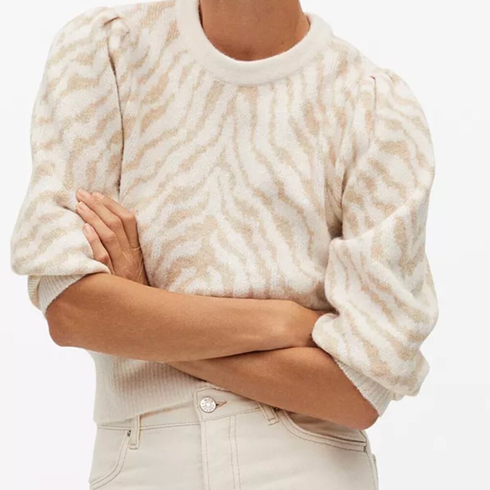 MANGO Women's Zebra Sweater Cream and Tan Patterned Sweater Size Medium